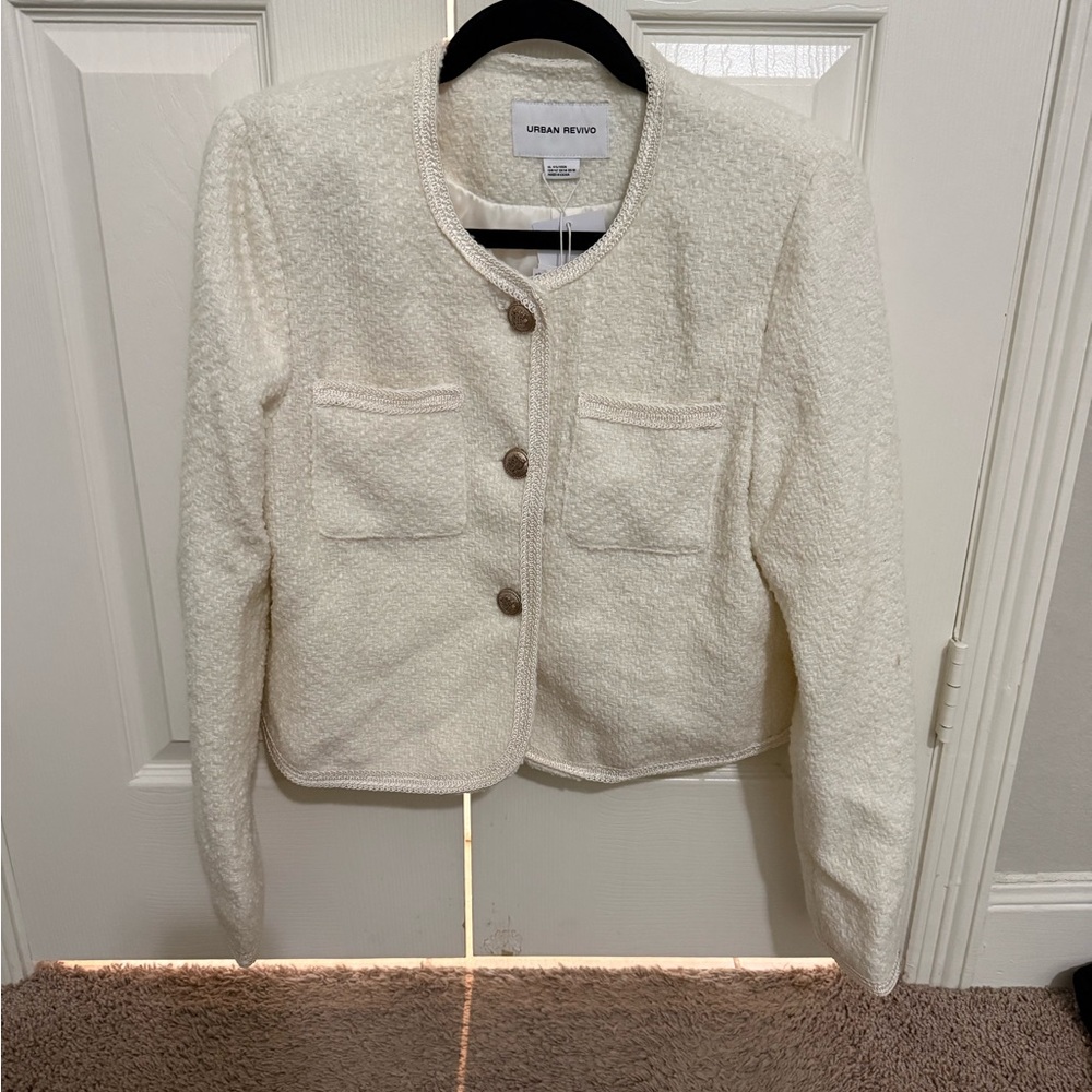 Women's Cream Bouclé Crop Jacket urban revivo size xl fits 8-10